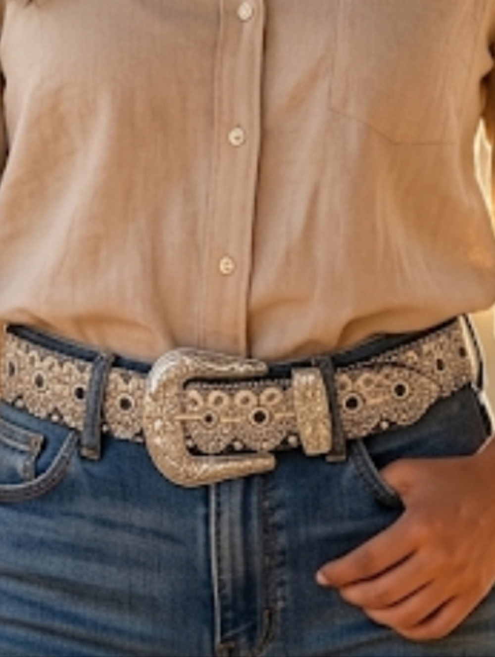 Women's Silver Floral Western Belt with Embroidered Lace